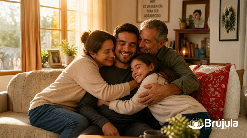 familia abrazando a hombre en rehabilitación de adicciones
